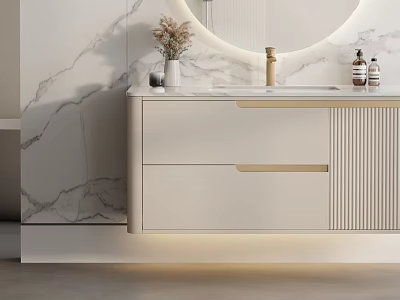 Elegant Modern Bathroom Interior With White Marble Wall Round Mirror And Gold Faucet Vanity Cabinet 3d model