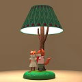 Cartoon Style Table Lamp With Green Wavy Lampshade And Red Accents Fox Figurines