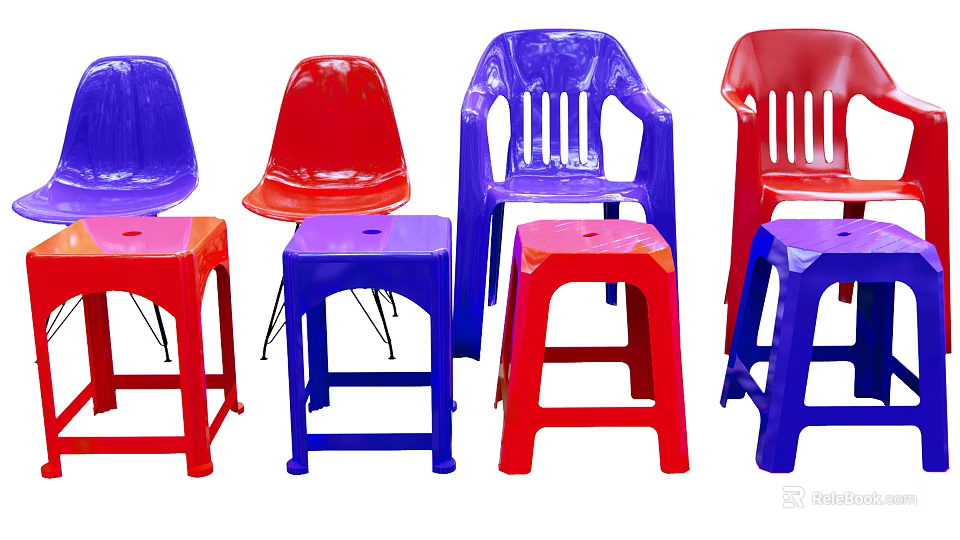 Plastic Leisure Chairs In Vibrant Blue Red Purple With Simple Design For Outdoor Casual Use 3d model 