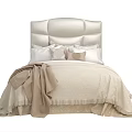 Plush Double Bed with Upholstered Headboard White Sheets Beige Blanket and Pillows 3d model