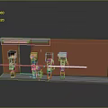 3D Pixel Style Characters Standing On Waiting Platform With Orange Wall And Wooden Floor