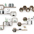 Wooden Wall Cabinets With Hexagonal And Rectangular Shelves For Interior Decor 3d model