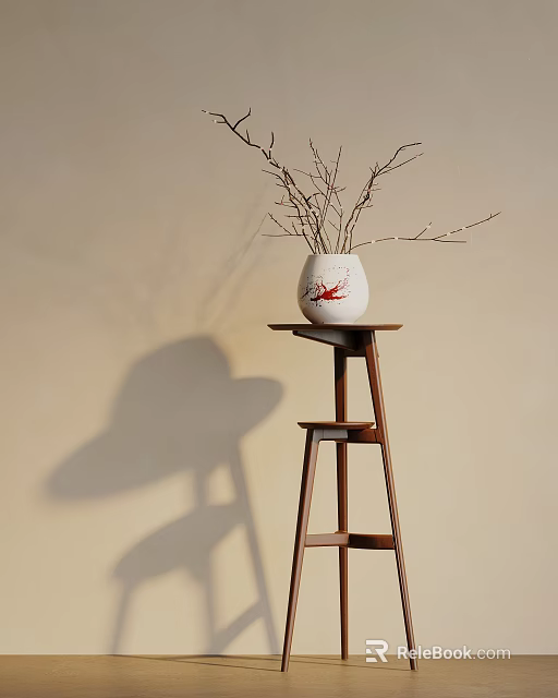 Elegant Wooden Flower Stand With White Vase And Branches Against Beige Wall 3d model 