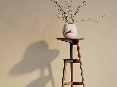 Elegant Wooden Flower Stand With White Vase And Branches Against Beige Wall 3d model