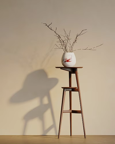 Elegant Wooden Flower Stand With White Vase And Branches Against Beige Wall 3d model