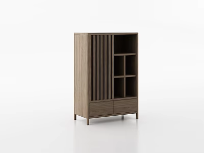 Modern Wooden Storage Cabinet With Slatted Panel And Multiple Compartments Drawers 3d model