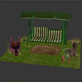 Outdoor Garden Scene With Green Canopy Swing Striped Seat Grill And Accessories