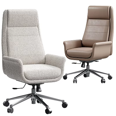 Modern Office Chairs With Light Gray Plush And Brown Leather Armrests And Wheeled Base 3d model