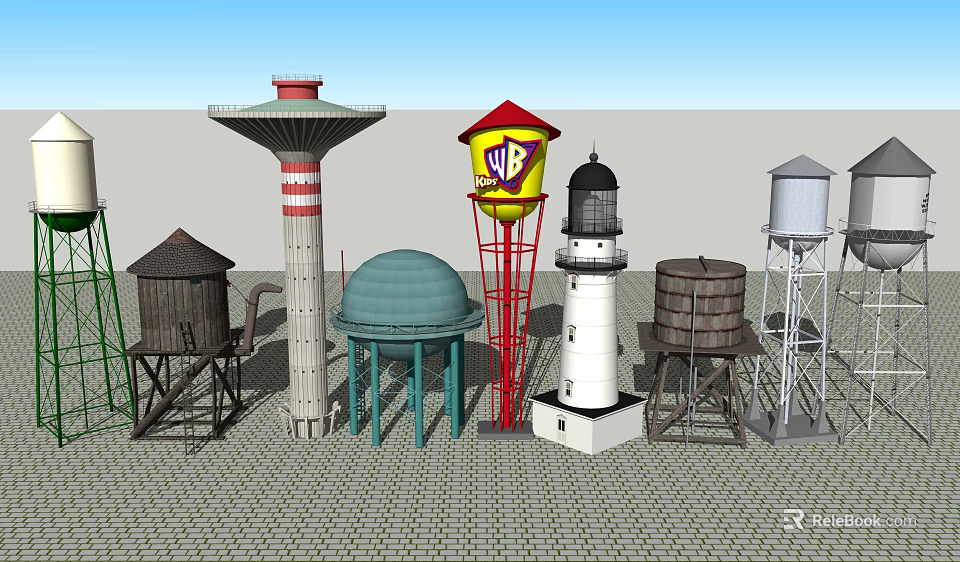 Various Types of Industrial Equipment Including Water Towers Lighthouse and Storage Tanks 3d model 