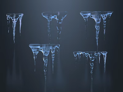 Various Icicles In Different Shapes Hanging On Dark Reflective Background 3d model