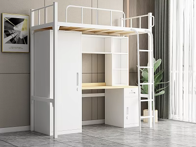 White Single Loft Bed With Desk Cabinet In Modern Room Interior 3d model