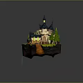 Enchanting Cartoon Scene With Castle Spires Pine Trees Waterfall And Green Grass