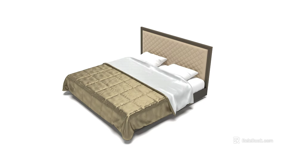 Double Bed with Brown Tufted Headboard and Beige Quilt White Pillows 3d model 