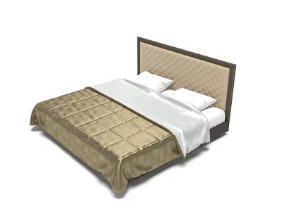 Double Bed with Brown Tufted Headboard and Beige Quilt White Pillows 3d model