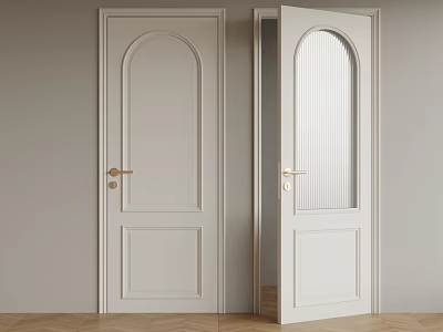 White Arched Top Swing Doors With Ribbed Glass And Gold Handles On Light Colored Wall 3d model