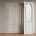 White Arched Top Swing Doors With Ribbed Glass And Gold Handles On Light Colored Wall