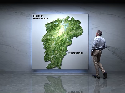 Man Viewing Green Jiangxi Province Topographic Map Wall Decor in Interior 3d model