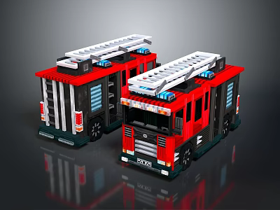 Red Fire Truck Building Block Models With White Ladders Black Wheels And Blue Lights 3d model