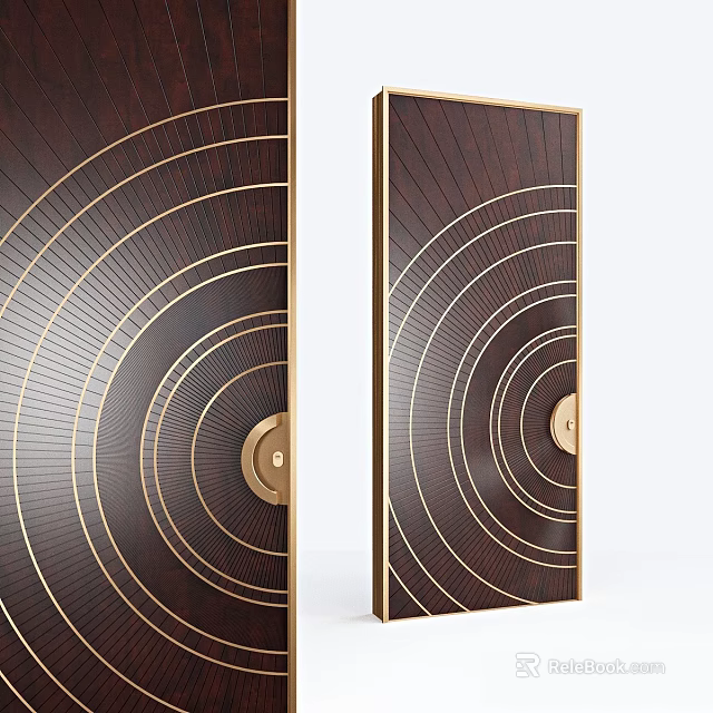 Elegant Dark Brown Swing Door Design With Golden Concentric Circle Patterns And Gold Handle 3d model 