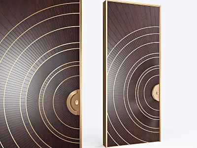 Elegant Dark Brown Swing Door Design With Golden Concentric Circle Patterns And Gold Handle 3d model