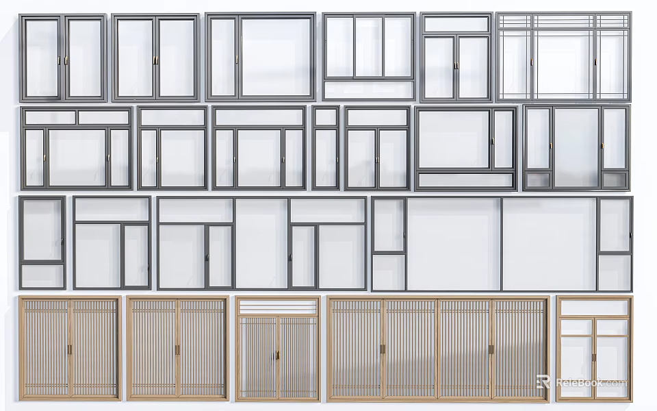 Various Window And Door Designs With Different Frame Styles Displayed In Arrangement 3d model