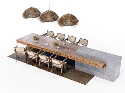 Rustic Dining Table Set With Wooden Tabletop Chairs And Straw Pendant Lights 3d model