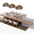 Rustic Dining Table Set With Wooden Tabletop Chairs And Straw Pendant Lights 3d model