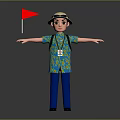 Adventurous Explorer Character In Floral Shirt With Backpack And Red Flag Arms Outstretched