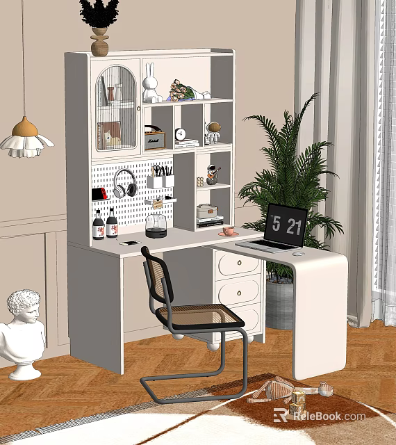 Modern White Home Office Desk With Laptop Chair Plant And Decorative Shelves 3d model 