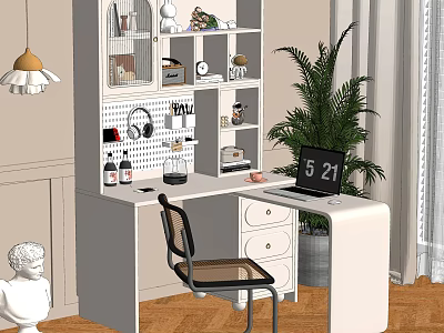 Modern White Home Office Desk With Laptop Chair Plant And Decorative Shelves 3d model