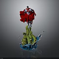 Detailed Red Cape Figure Standing On Green Dragon Base With Blue Water Splashes