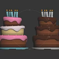 Multi Layered Birthday Cakes With Different Colored Frosting And Candles On Top
