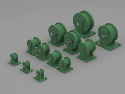 Industrial Equipment Green Metal Rollers with Various Sizes and Mounting Bases 3d model