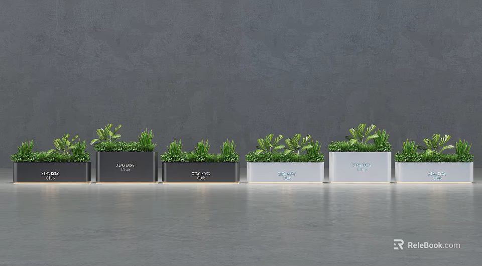 Garden Decor Featuring Long Rectangular Black And White Planters With Green Plants And Text 3d model