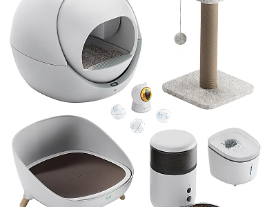 Modern Cat Accessories Set With Dome Bed Scratching Post And Food Dispenser 3d model