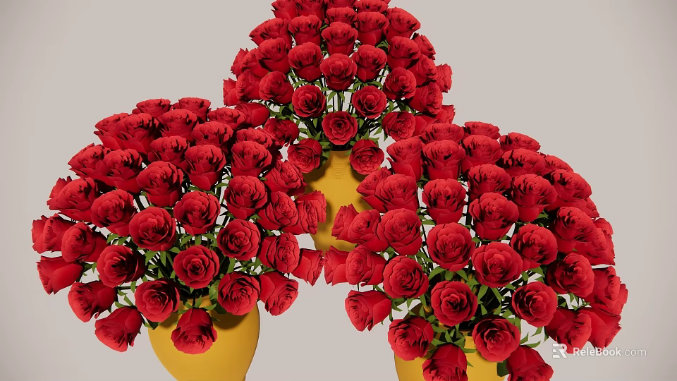 Vibrant Red Rose Bouquets Arranged in Yellow Vases for Home Decor 3d model 