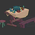 Rustic Wooden Table With Beige Tablecloth Black Pot Clay Jars Candles Fruits Bowl Stool Bench