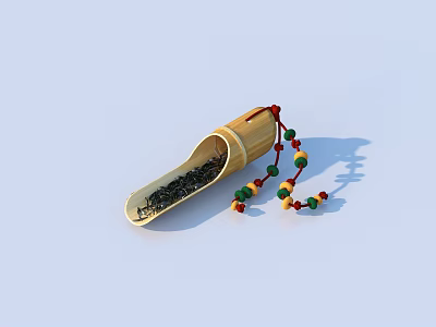 Bamboo Tea Container With Tea Leaves And Colorful Bead String For Home Use 3d model