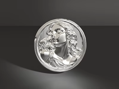 Elegant Artistic Silver Round Jewelry Featuring Detailed Engraved Female Head Relief 3d model