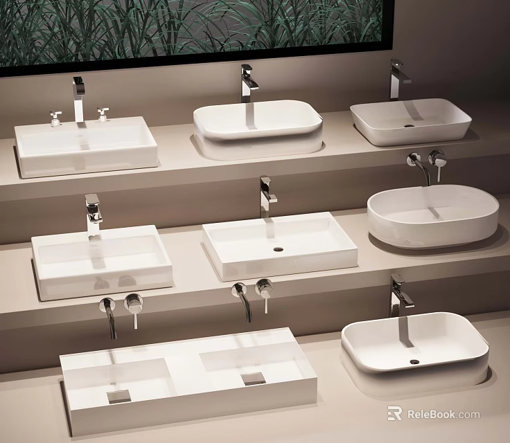 White Washbasins And Modern Faucets Displayed In Layered Retail Showcase Arrangement 3d model 