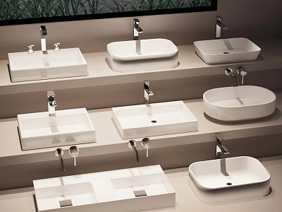 White Washbasins And Modern Faucets Displayed In Layered Retail Showcase Arrangement 3d model