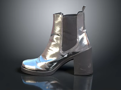 Shiny Silver Ankle Boots With Block Heel And Metallic Finish For Daily Use 3d model