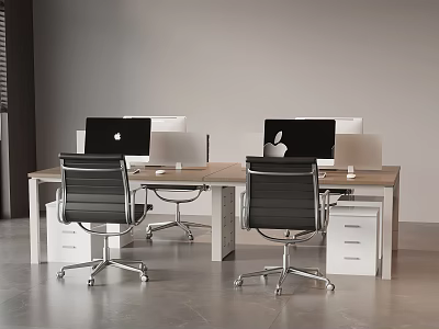 Modern Office Desk Chair Set With Apple Monitors Black Ergonomic Chairs And Drawer Storage 3d model