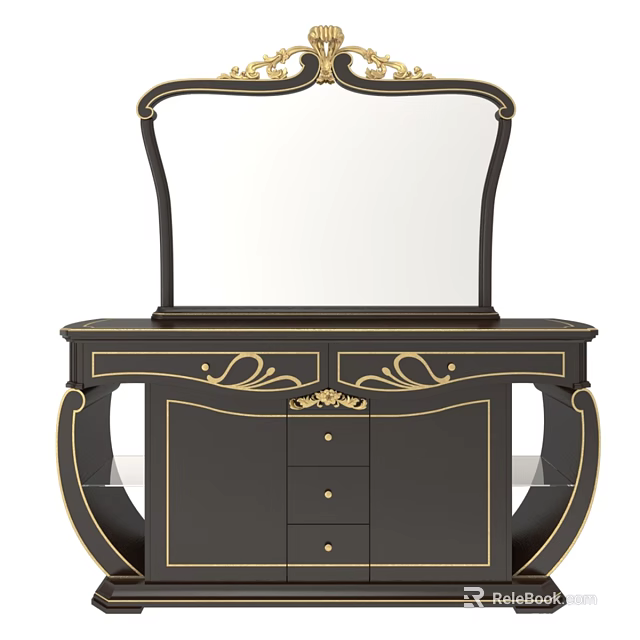Ornate Black Dresser With Gold Accents Decorative Design And Top Mirror 3d model 