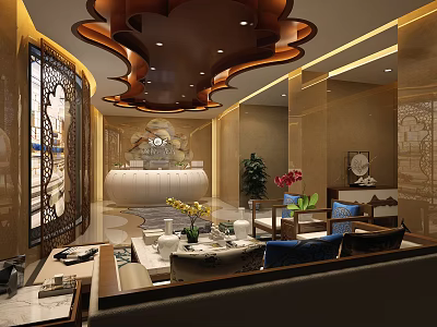 Elegant Chinese Style Hotel Lobby With Carved Screen Wooden Ceiling And Marble Reception Desk 3d model