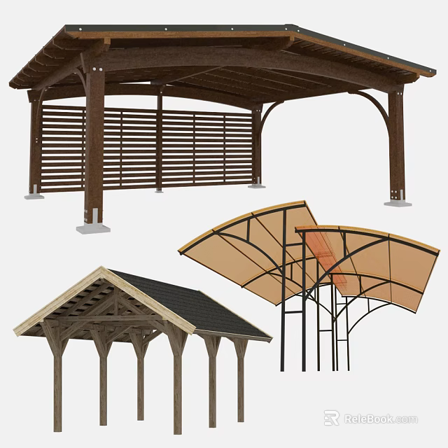 Wooden And Metal Outdoor Pergola Designs With Slatted Roof And Canopy Frame Structures 3d model 
