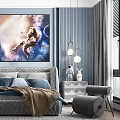 Modern Blue Children's Room Interior Design With Astronaut Mural Grey Bed And Pendant Lights