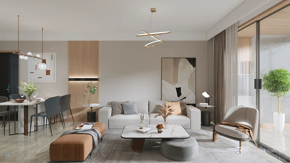 Modern Living Dining Room Interior Design With Sofa Coffee Table And Wall Art 3d model