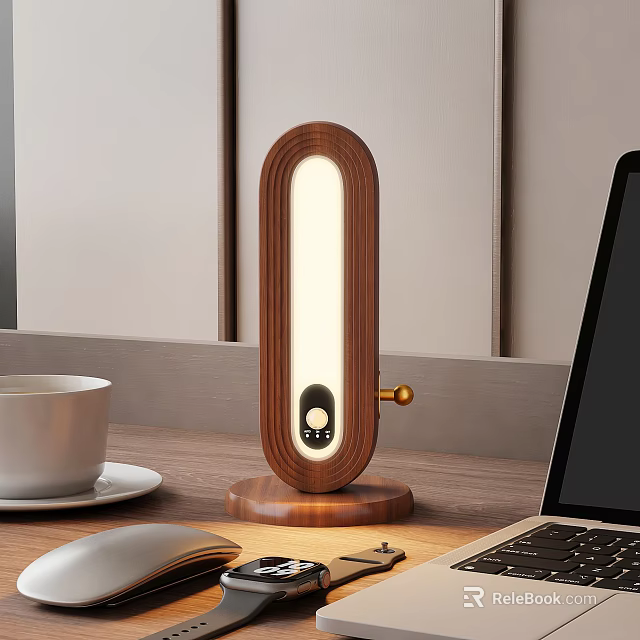 Modern Wooden Table Lamp With Round Base For Desk Coffee Cup And Laptop 3d model 