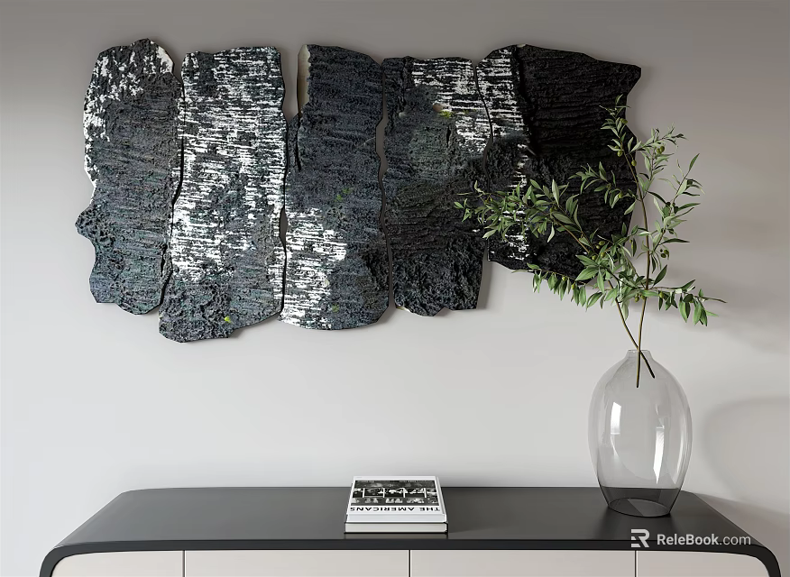 Modern Textured Black Silver Irregular Shape Wall Decor With Green Plant On Table 3d model